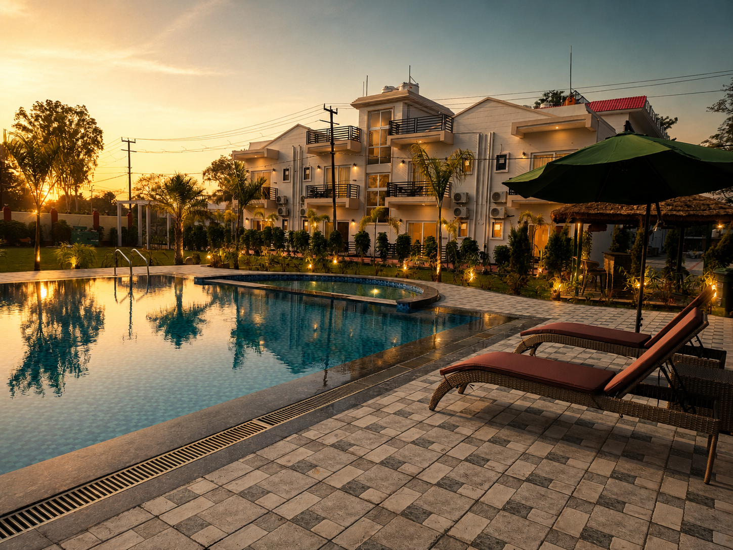 Forest resort walkway at dawn